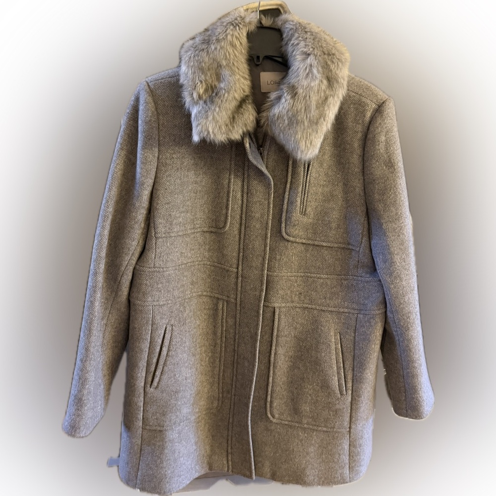LOFT Wool Gray Jacket with Faux Fur Trim